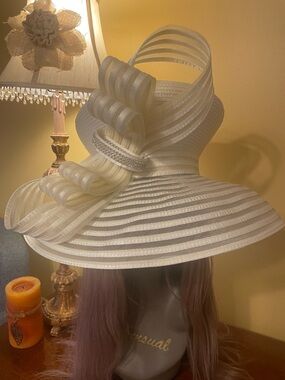 Elegant Ivory Wide-Brim Dress Hat with Decorative Loop and Rhinestone Accent